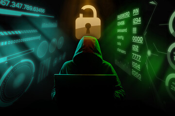 Male hacker breaks security password. Back view. Internet security.