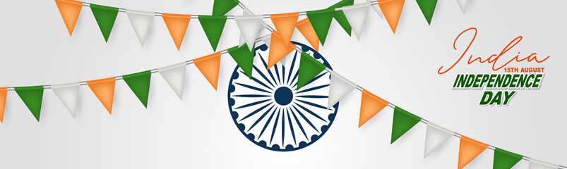 India Independence Day. Indian national August 15th holiday celebration banner with orange, white, and green bunting flags. Vector illustration.