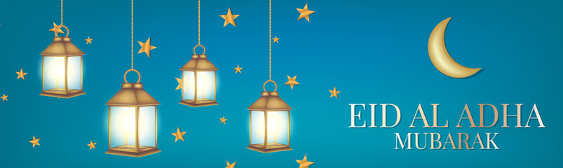 Eid Al Adha Mubarak banner or header. Muslim holiday of sacrifice. Islam religious celebration. Arabic design concept. Golden lantern and stars, calligraphy lettering on blue background. © Natalie Adams