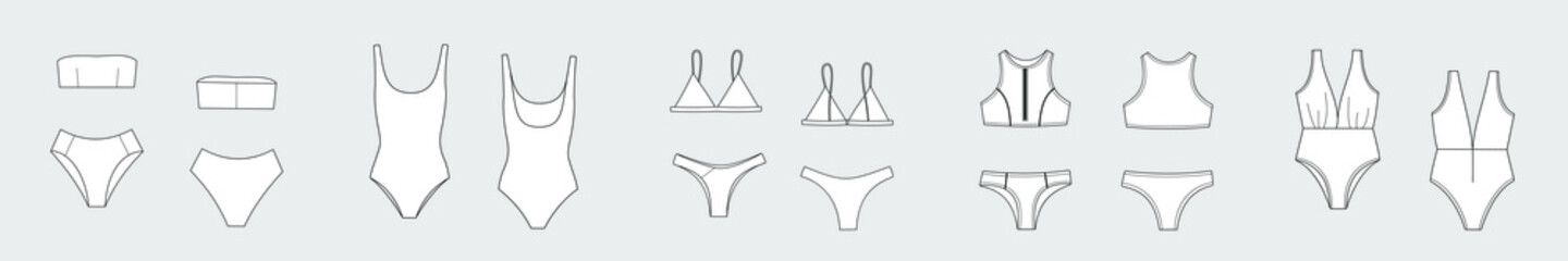 Female swimsuit .Set of female vector template isolated on a grey background. Front and back view. Outline fashion technical sketch of clothes model. © Fanast