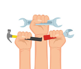 hands with tools construction set equipment icons