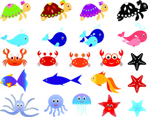 Naklejka na ściany i meble Isolated Sea Animals Vectors, Fish and Turtle Illustrations 