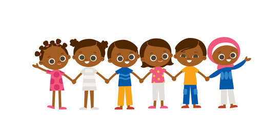 Kids holding hands. Group of 6 six multicultural children. International characters. Multicultural concept.