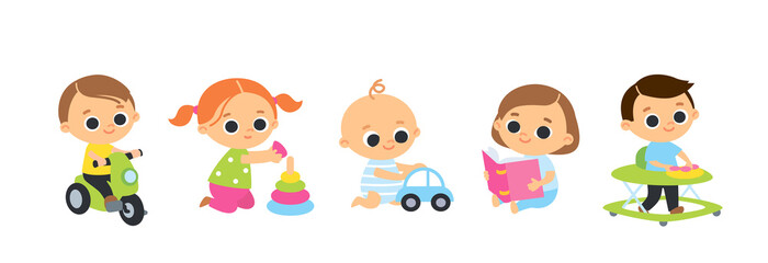 Set of baby toddlers in various poses, different nationalities, cartoon characters. Babies playing with toys.