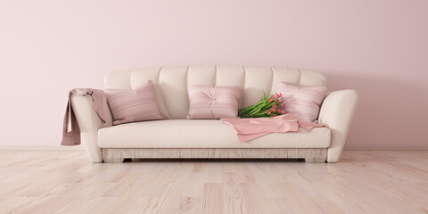 White sofa, interior design of modern living room with sofa, pink wall 3d rendering