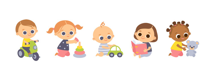 Set of baby toddlers in various poses, different nationalities, cartoon characters. Babies playing with toys.