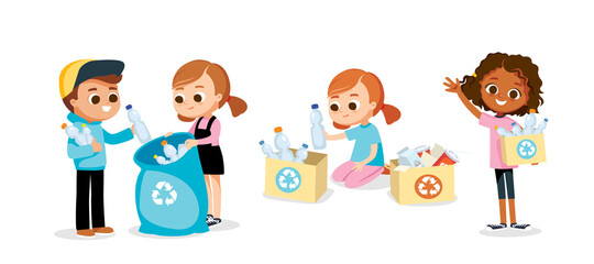 Set of children doing waste sorting. Environmental protection. Eco friendly. Children sorting waste.