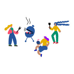A set of illustrations of girls on the BBQ drawn in the style of Doodle. Characters of people drawn by hand recreation in nature, in a fashionable style. Fashion girls are drawn to the web site or for