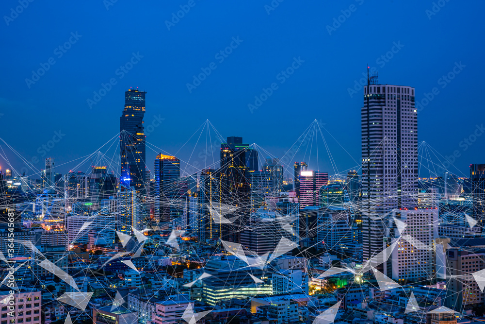 Poster modern city with wireless network connection and city scape concept.wireless network and connection 