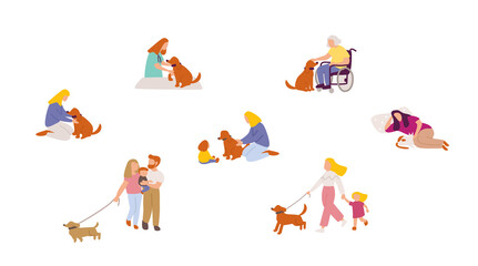 People spend time with pets. Walking a dog. People and animals.