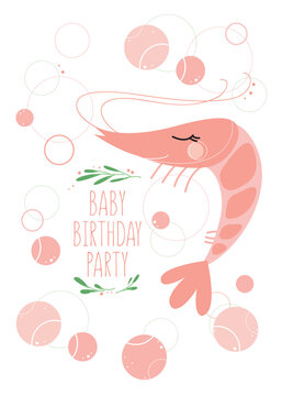 Baby birthday card with cute shrimp