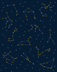 Seamless pattern of the zodiac constellations on the night sky background