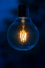 Big filament bulb with yellow light on blue background. Large LED lamps in retro style. Close up glowing light bulb. Round glowing tungsten lamp. Decorative antique tungsten light bulb. Copy space