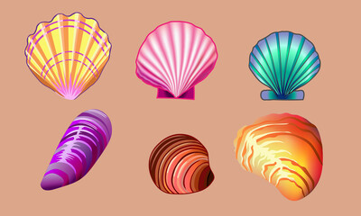  multicolored, different shapes, blue, pink purple, orange, brown, seashells on a pink background