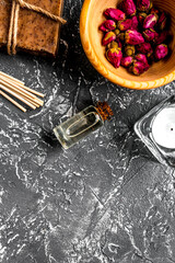 spa composition for body care on dark background top view mock up