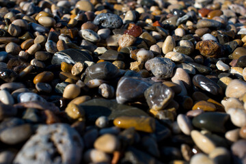 Colorful sea stones. Sea pebble / stones background/ beach rocks. Colorful summer background. Top...