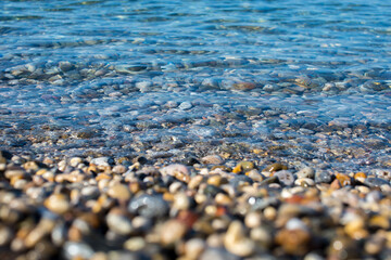 Colorful sea stones. Sea pebble / stones background/ beach rocks. Colorful summer background. Top...