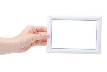 White Photo frame in hand on white background isolation