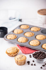 chocolate chip muffin on white wooden board