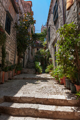 Fototapeta na wymiar Ulica od Domina, a narrow, steep, flower-filled lane in stari grad (old town), Dubrovnik, Croatia