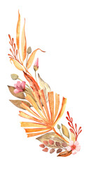 Watercolor floral composition with dried palm leaves, exotic flowers, grass.Boho style illustration.Summer romantic handdrawn bouquet. Wedding invitation,card, vintage decoration. Isolated on white 