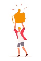 Customer feedback. Teenager boy hold thumbs-up social media sign. Casual male character standing isolated on white background. Positive customer feedback and review vector illustration