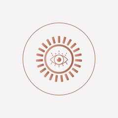 Abstract outline Sun or moon with Eye. Minimalistic round Icon. Astrology esoteric mystic concept. Elegant geometric design. Trendy Vector illustration. Pink gold style. Simple design. Logo template