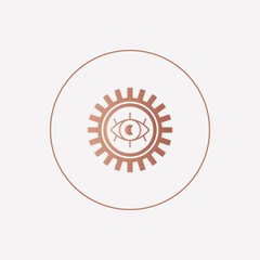 Abstract outline Sun or moon with Eye. Minimalistic round Icon. Astrology esoteric mystic concept. Elegant geometric design. Trendy Vector illustration. Pink gold style. Simple design. Logo template