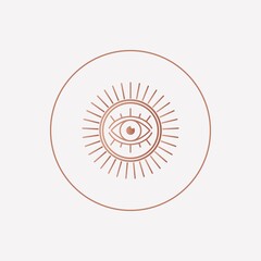 Abstract outline Sun or moon with Eye. Minimalistic round Icon. Astrology esoteric mystic concept. Elegant geometric design. Trendy Vector illustration. Pink gold style. Simple design. Logo template