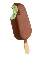Bitten milk chocolate ice cream bar on a stick; isolated on white