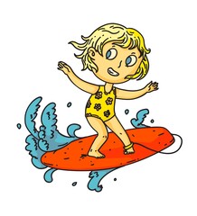 Kid surfing. Isolated child girl surfing on surf board on sea or ocean wave. Vector kid person cartoon character standing on surfboard icon. Summer vacation sport drawing