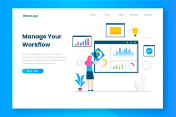 Manage your workflow landing page template. Illustration for websites, landing pages, mobile applications, posters and banners.