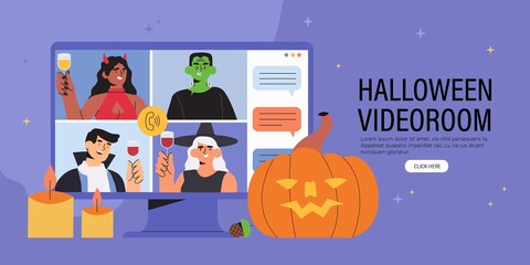 People in costumes having videocall celebrating Halloween at home. Concept of video conference call and online holiday party with friends and colleagues banner. Man and woman meet online and chat.