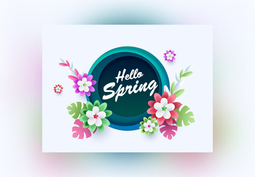 Spring Background Decorated with Paper Cut Flowers and Tropical Leaves