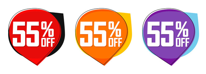 Set Sale 55% off tags, bubble banners design template, app icons, vector illustration