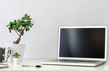 Business desk with an open laptop. Mockup screen. Front view.