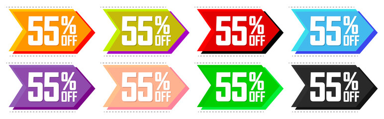 Set Sale 55% off tags, bubble banners design template, app icons, vector illustration