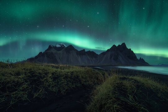 Amazing northern scenery with glowing aurora borealis in starry sky over rocky mountains of Stokksnes headland in Iceland