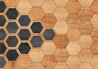 Brown and black wooden wall with hexagonal pattern. Wood texture background.	
