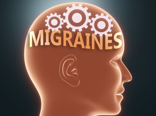 Migraines inside human mind - pictured as word Migraines inside a head with cogwheels to symbolize that Migraines is what people may think about and that it affects their behavior, 3d illustration