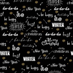 Seamless pattern with merry christmas background calligraphic text, holiday wishes. Vector new year pattern for design greeting cards, banners, invitations, posters.