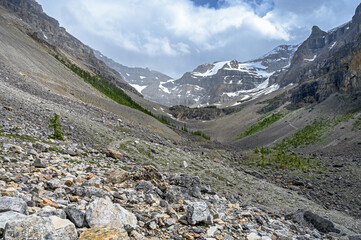 Fototapeta na wymiar Stanley Glacier and glacial till in a hanging valley in Kootenay National Park, British Columbia, Canada