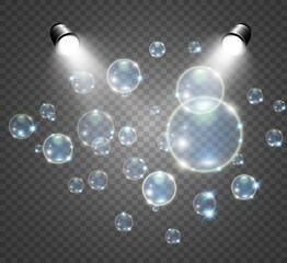 White beautiful bubbles on a transparent background vector illustration. Soap bubbles.