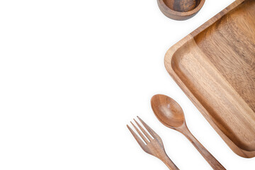 Top view ,Square shape wooden tray with handle and spoon fork made of wooden with free space , isolated on white background