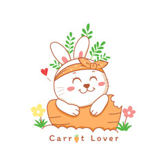 cute rabbit smiling on a carrot cartoon hand drawn with flowers.