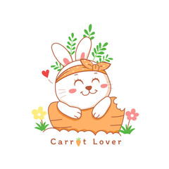 Fototapeta premium cute rabbit smiling on a carrot cartoon hand drawn with flowers.