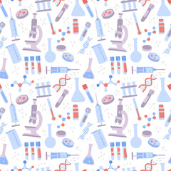 Vaccine creation. Seamless pattern scientific medical research concept.