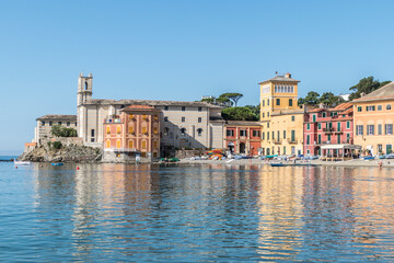 The beach of Silence in Sestri Levante with many colored houses