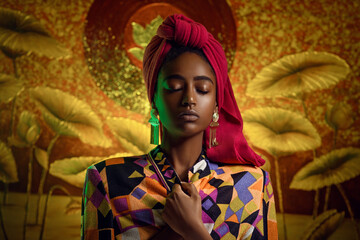 Portrait of a young african woman with closed eyes in ethnic clothes. Red scarf on the head, gold earrings. Blurred background with gold ornaments. Fashion