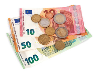 Obraz na płótnie Canvas Pile of euro banknotes and coins